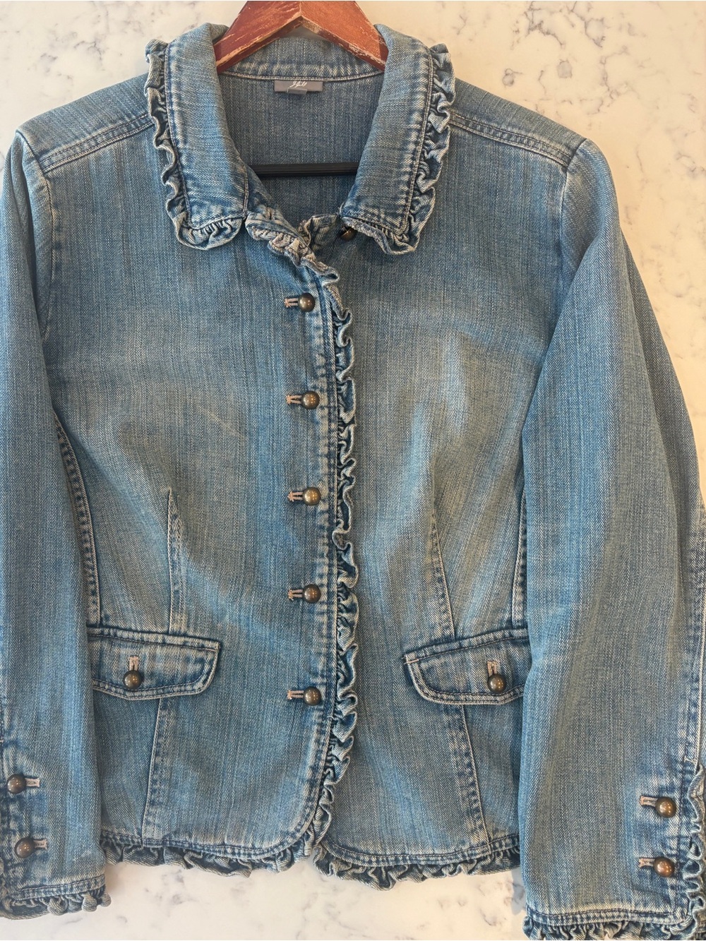 J. Jill Women’s Light Blue Denim Ruffle-Trim Jacket with Distinctive Buttons